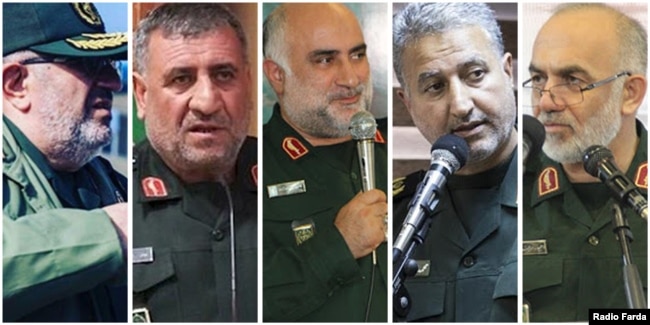 پنج فرمانده ارشد سپاه که اطلاعات کمتری در مورد آنها موجود است: (از راست) مجید ارجمندی‌فرد، محمدعلی حق‌بین، هامون محمدی، عوض شهابی، و جواد عظیمی‌فر