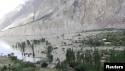 A view of Badswat village submerged by floodwaters after a glacial lake outburst in Pakistan's northern Gilgit-Baltistan Province.