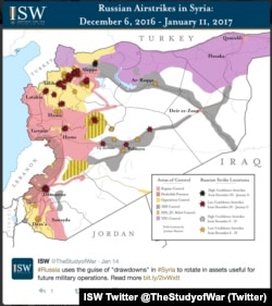مناطق تحت کنترل دولت و گروه‌های مختلف سوری و حملات هوایی ارتش سوریه؛ نقشه‌ای از انیستیتو مطالعات جنگ