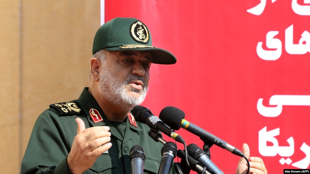 Iranian Revolutionary Guards commander Major General Hossein Salami speaks during an inaugural ceremony unveiling the new murals painted on the walls of the former U.S. embassy in Tehran, November 2, 2019
