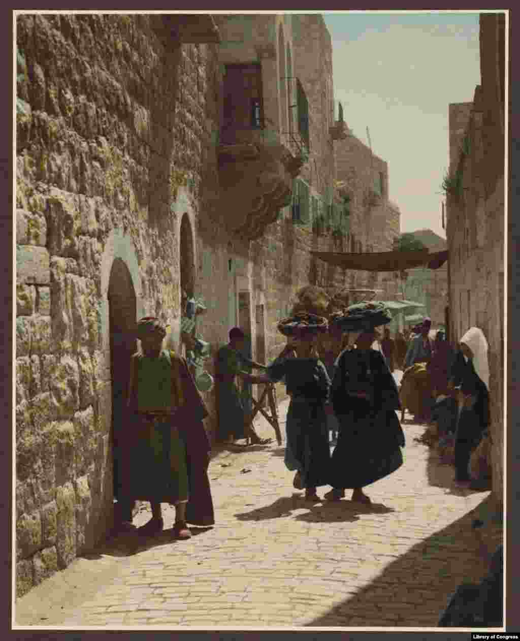 Bethlehem street scene (street leading to the Church of the Nativity). Bethlehem has been under the control of the Palestinian Authority since 1995.