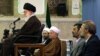 Is Supreme Leader Ayatollah Ali Khamenei's (left) position threatened by the factional battles of President Mahmud Ahmadinejad (second from right) and parliament speaker Ali Larijani (right)?