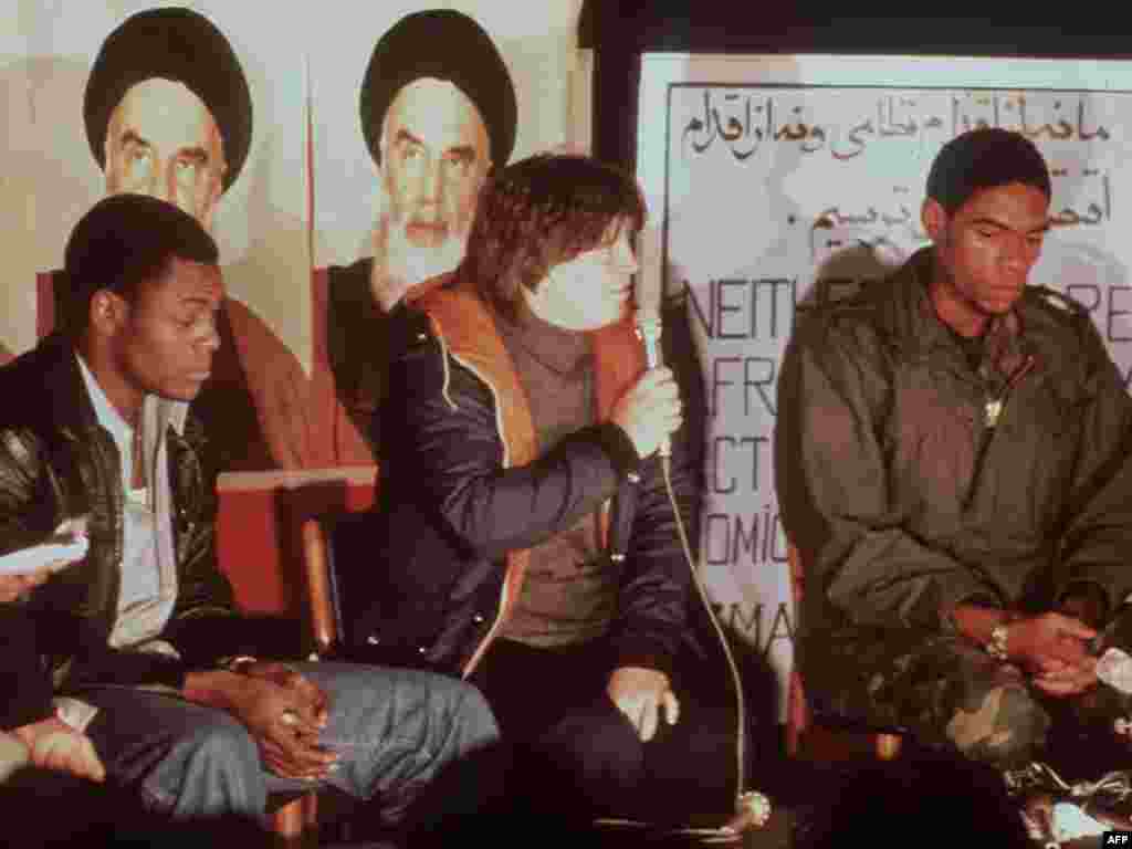 Iran -- The first released group of US Embassy staffers at a press conference in Tehran, 18Nov1979 - IRAN, Tehran : the first released group of U.S. Embassy staffers in Tehran hold a press conference 18 November 1979,
