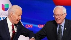 Džo Bajden i Berni Sanders, tokom debate u okviru izbora kandidata Demokrata za predsedničke izbore u SAD, tri sedmice pre Sandersovog povlačenja iz trke.