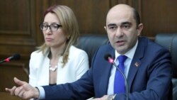 Armenia -- Bright Armenia Party leaders Edmon Marukian (R) and Mane Tandilian at a joint news conference in Yerevan, March 27, 2019.