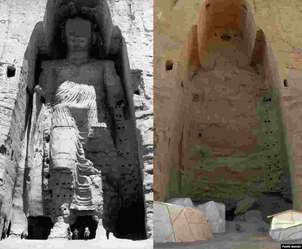 A before-and-after view of a giant Buddha carved into the cliffs of Afghanistan&#39;s Bamiyan Province. The Taliban destroyed the 6th-century Buddhas with explosives in 2001. A Taliban minister cited the battle against idolatry, saying, &quot;We are destroying the statues in accordance with Islamic law, and it is purely a religious issue.&quot;