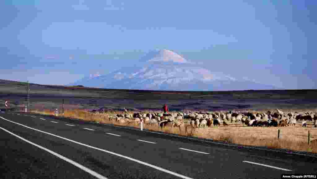 On the plains around Ani, Mt. Ararat, the fabled landing place of Noah&#39;s Ark, looms above the landscape. Ararat features on the coat of arms of Armenia but today lies within Turkish borders.