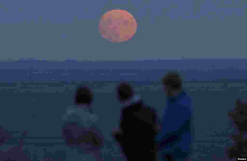 Семья наблюдает за восходом луны на Бикон Хилл недалеко Лауборо, Великобритания