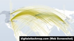 Карта показує центри масштабних DDoS-атак в режимі реального часу