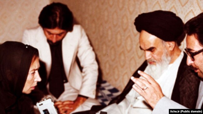 Abolhassab Banisadr (R), the first president of the Islamic Republic, in one of the Ayatollah Khomeini's interviews in Paris in early 1979.