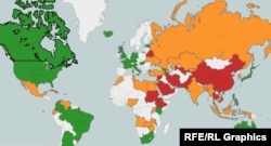 Карта свободы Интернета. Зеленым цветом обозначены страны, где есть эта свобода, желтым - есть, но частично, красным - свободы Интернета нет.