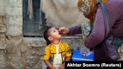 A boy receives polio-vaccine drops during an immunization campaign in Karachi.