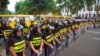 GEORGIA - Police block a street as demonstrators gather in front of the Georgian parliament building in Tbilisi, Georgia, Monday, July 8, 2019