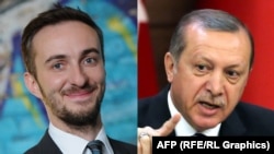 A combo photo of German satirist Jan Boehmermann (left) and Turkish President Recep Tayyip Erdogan. Boehermann called Erdogan a "professional idiot" and suggested he engaged in bestiality.