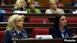 Armenia - Colonel Nelly Durian (L) of the Armenian police attends parliamentary hearings in Yerevan on domestic violence, 17Oct2017.