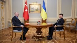 Ukraina presidenti Volodımır Zelenskıy (sağdan) ve Recep Tayyip Erdoğan. Kyiv, 2022 senesi fevralniñ 3-ü