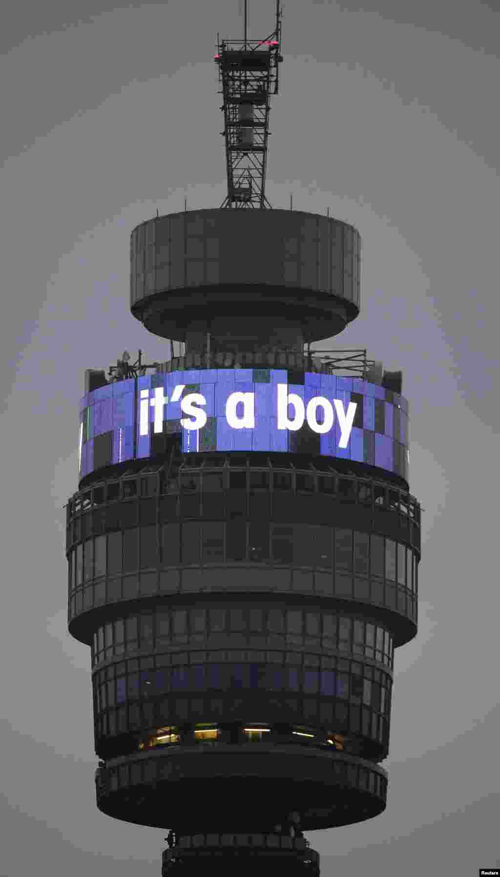 The British Telecom Tower displays &quot;it&#39;s a boy&quot; to mark the birth of a baby boy for Catherine, duchess of Cambridge, and her husband Prince William, in London on July 22.