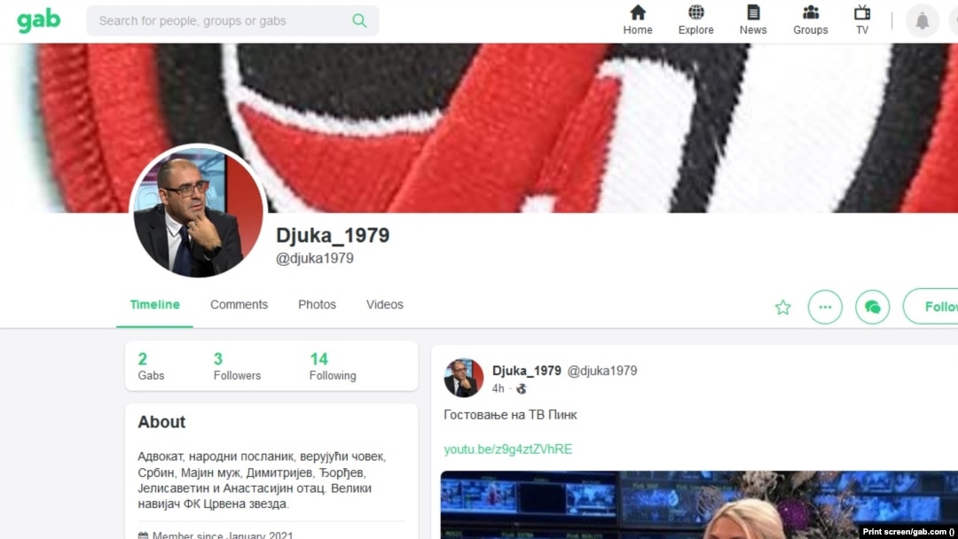Vladimir Djukanovic's profile on the Gab social network