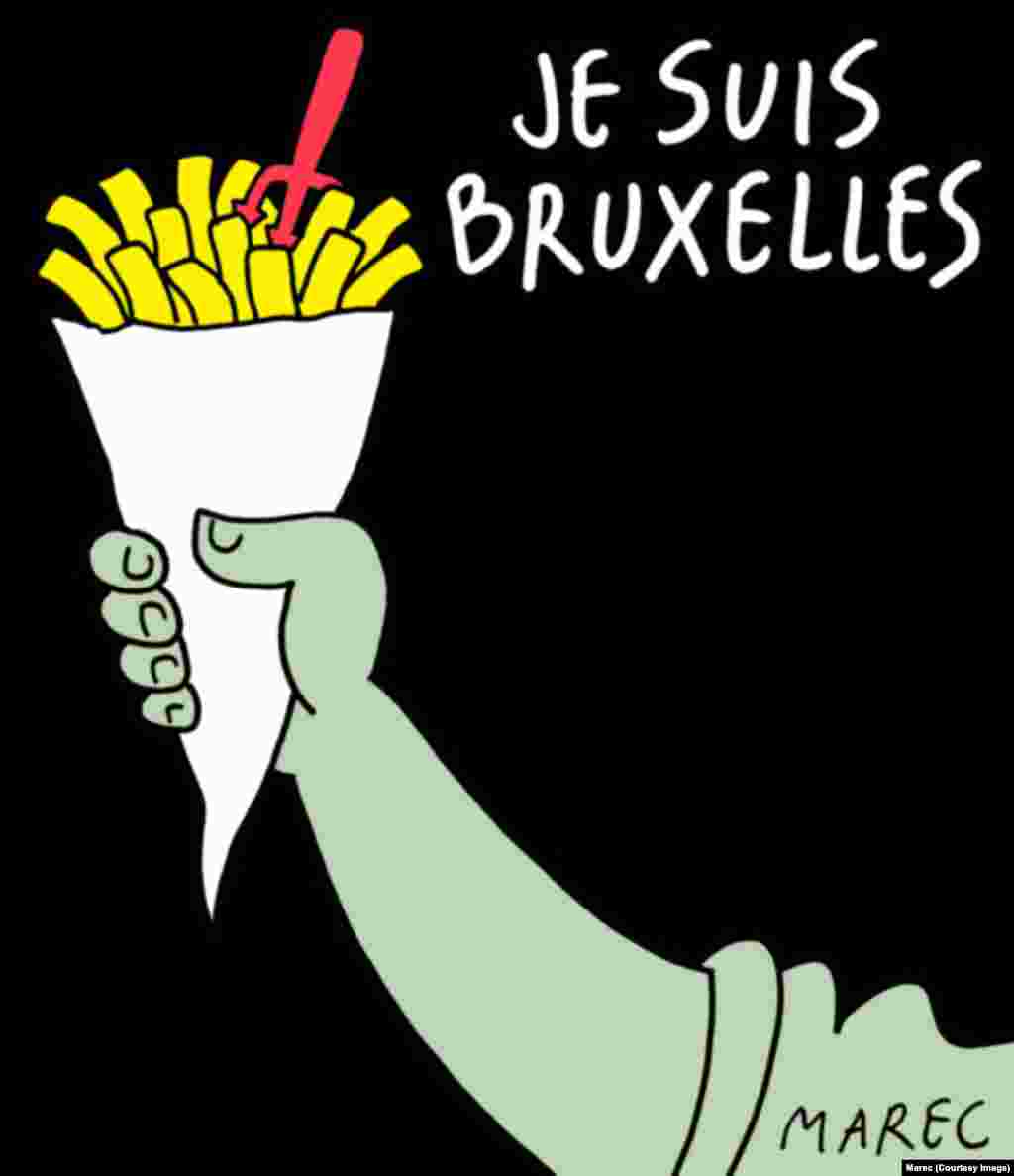 Another image referencing "pommes frites" and the Je Suis Bruxelles ("I am Brussels") meme. (Social-media generated content. This cartoon by Marec in Het Nieuwsblad.)