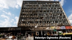 One of the buildings in the center of Vinnytsya that was damaged by Russian rocket attacks that killed more than 20 civilians, including three children, on July 14.