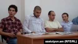 Armenia - (From L to R) Sargis Gevorgian, Davit Kiramijian, Artak Karapetian and Tigran Arakelian, young activists of the opposition Armenian National Congress, during their trial at a Yerevan court, 14Jul2012