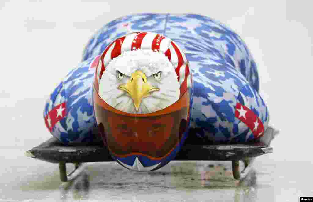 Katie Uhlaender of the United States speeds down the track during a women's skeleton training session at the Sanki sliding center in Rosa Khutor. 