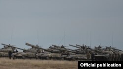 Nagorno-Karabakh - Tanks and military personnel lined up for military exercises, 2Nov2017.