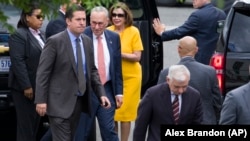 Congressional leaders depart after a meeting with President Donald Trump about Iran at the White House, Thursday, June 20, 2019