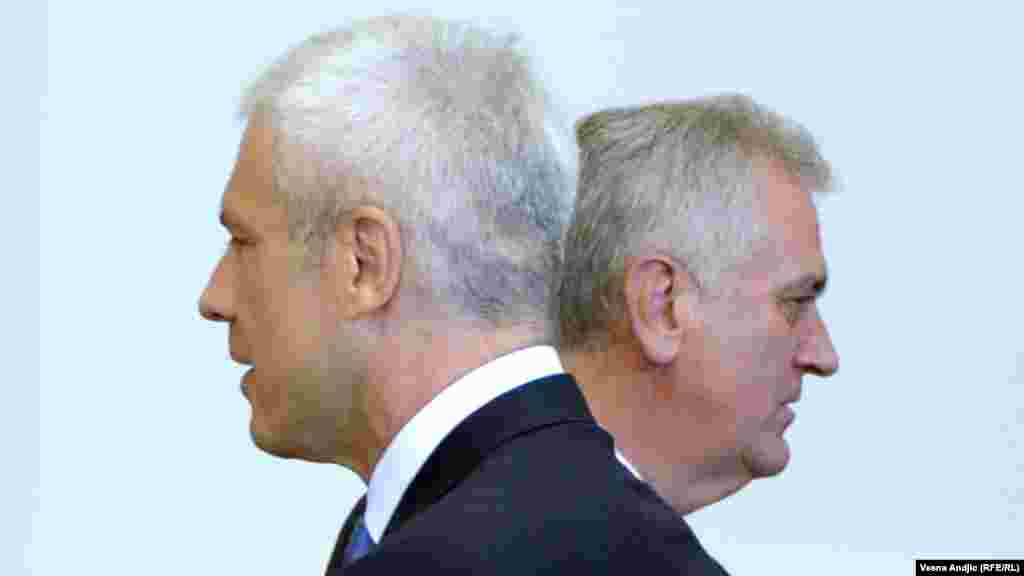 Serbian President Tomislav Nikolic (right) and his predecessor, Boris Tadic, at the inauguration ceremony in Belgrade on June 11. (RFE/RL-Vesna Andjic)