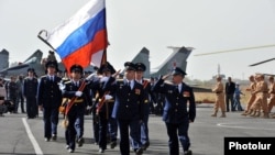 Armenia - Russian Air Force officers march at an airfield in Yerevan, 18Oct2013.