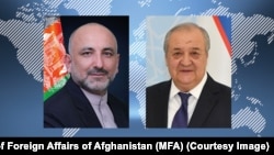 محمد حنیف اتمر سرپرست وزارت خارجۀ افغانستان و عبدالعزیز کاملوف وزیرخارجۀ ازبکستان.