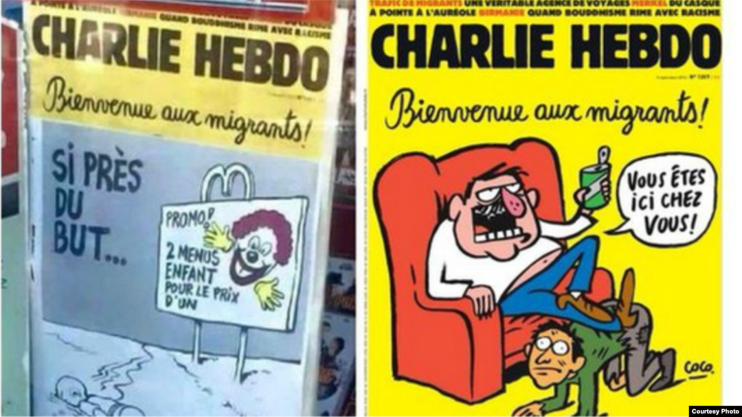 Слева - фотомонтаж первой страницы Charlie Hebdo, справа - реальная первая страница