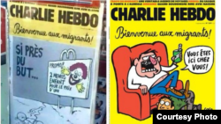 Слева - фотомонтаж первой страницы Charlie Hebdo, справа - реальная первая страница