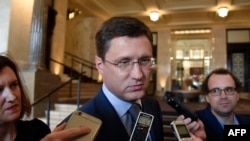 Russian Energy Minister Aleksandr Novak speaks to journalists as he arrives at the hotel in Vienna, May 24, 2017 