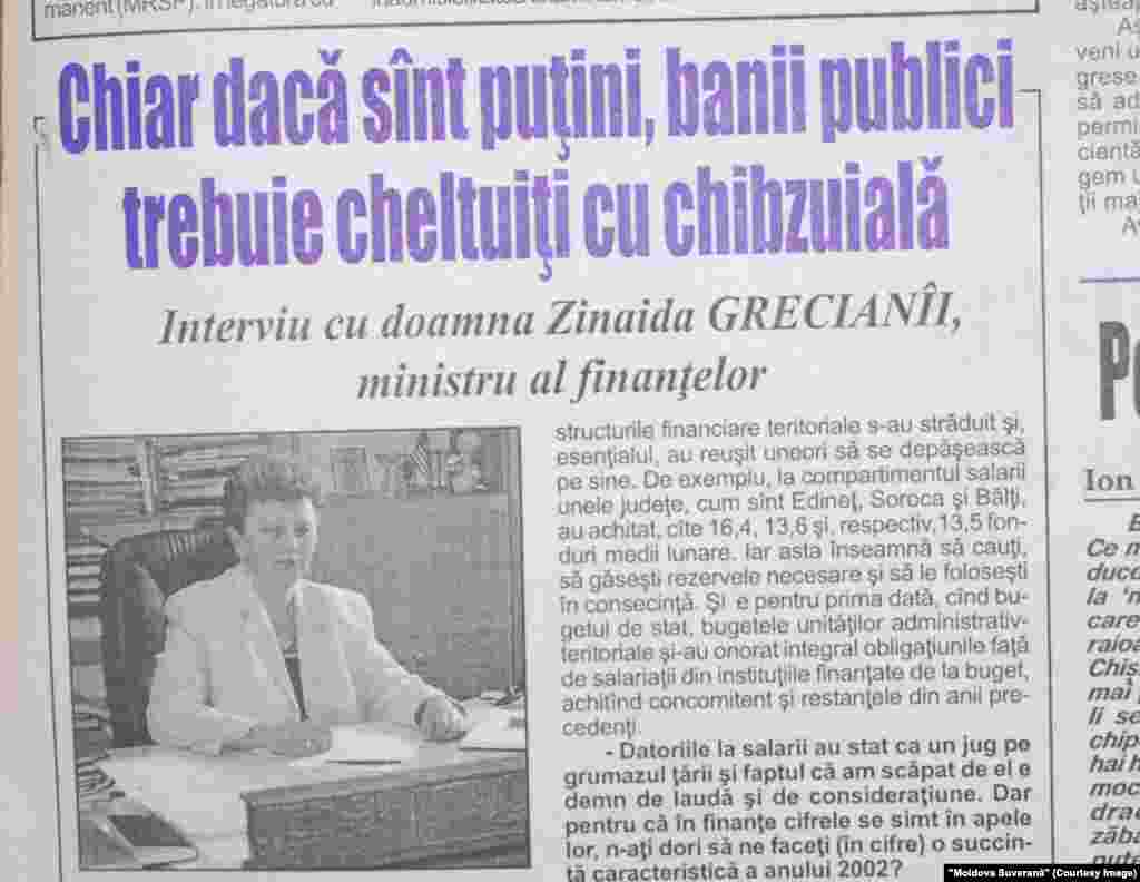 &quot;Moldova Suverană&quot;, 7 februarie 2003, ministra Finanţelor Zinaida Grecianâi