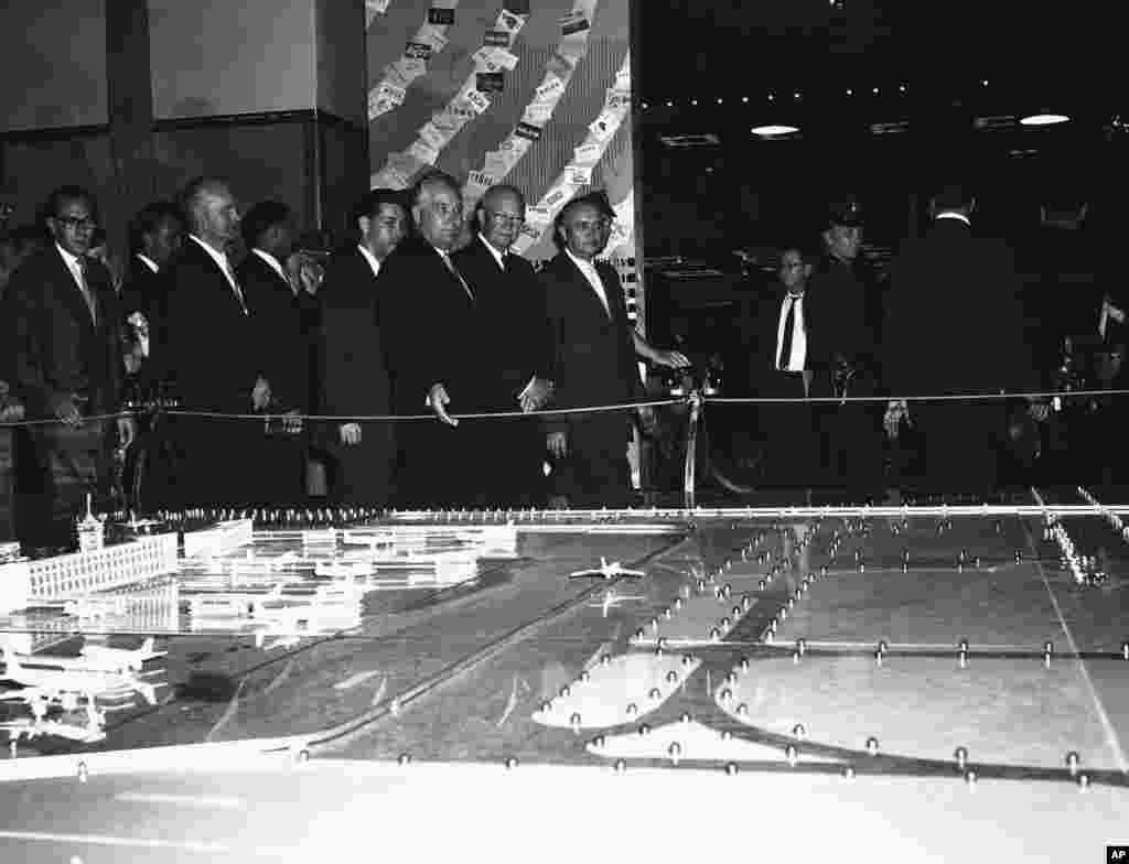 A model of an airport inside the exhibition. Reporter Max Frankel claimed no such civilian airports existed in the Soviet Union at the time. The exhibit, he said, showed the Soviet Union &ldquo;not as it is, but as it wishes to be.&quot;