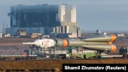 A Soyuz spacecraft at the Baikonur Cosmodrome in 2018.