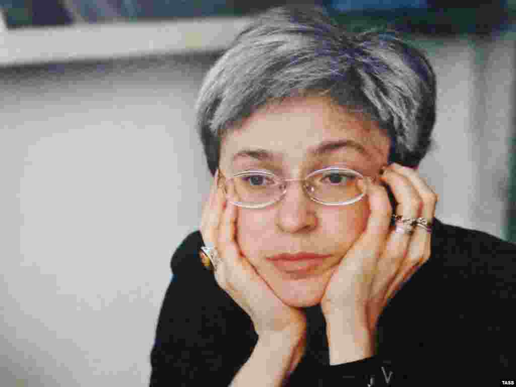 A portrait of Politkovskaya at a photo exhibition in her memory in Moscow in 2007