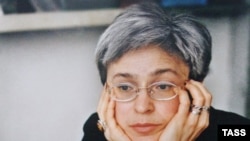 A portrait of Anna Politkovskaya at an exhibition in her honor