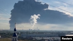 Smoke is seen rising from the Wildberries logistics facility in Russia's Volgograd region that was hit by Ukrainian drones on July 31. 