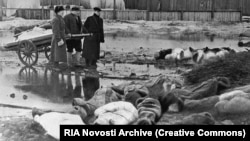 In this image from 1942, men collect bodies in Leningrad (now St. Peterburg). President Vladimir Putin said it is "extremely important" to recognize Nazi crimes in the Soviet Union during World War II as genocide. 