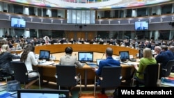 ევროკავშირის საგარეო საქმეთა მინისტრები ვიდეოკონფერენციის ფორმატში უსმენენ უკრაინის საგარეო საქმეთა მინისტრ ანდრი სიბიჰას. 16 მარტი, 2026, ბრიუსელი