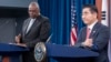 U.S. Defense Secretary Lloyd Austin (left) speaks during a joint press briefing with South Korean Defense Minister Kim Yong-hyun at the Pentagon on October 30. 