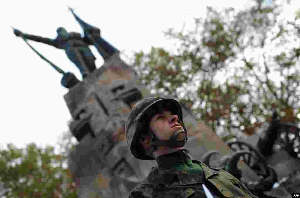 La Cimitirul soldaților francezi de la Belgrad, cu ocazia ceremoniei Zilei Amintirii, care a marcat cea de-a 99 aniversare a sfîrșitului Primului Război Mondial. 