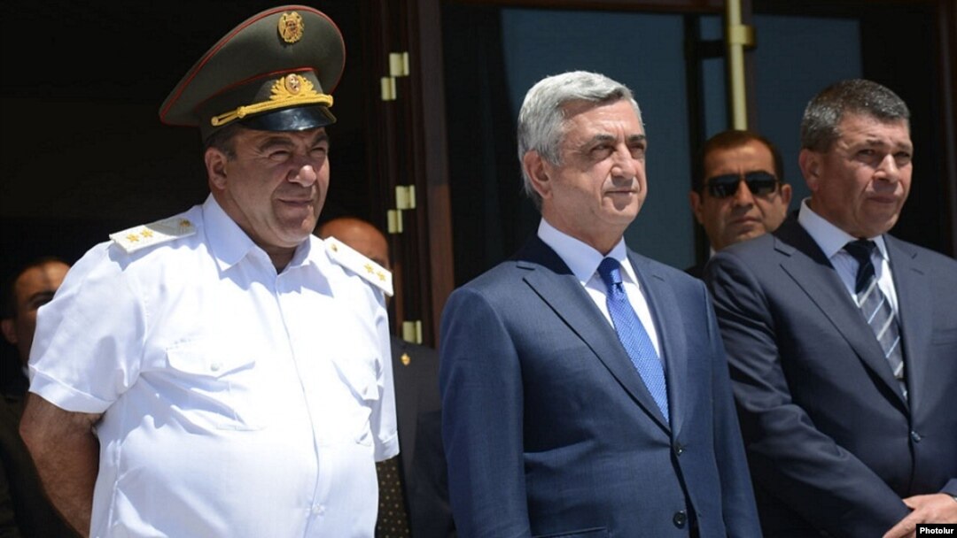 Armenia - President Serzh Sarkisian (C), Armenian police chief Vladimir Gasparian (R) and the commander of interior troops Levon Yeranosian (L) pictured together in Yerevan, 21Jun2014.