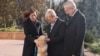 Moldovan President Maia Sandu (left) and her dog greet Austrian President Alexander Van der Bellen (right) and Slovenian President Natasa Pirc Musar in Chisinau on November 16.