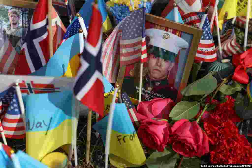 A portrait of Tortorici seen during the March 14 ceremony. The US Marine veteran was killed in Kramatorsk, eastern Ukraine, in June 2023.