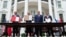 Bahrain Foreign Minister Abdullatif al-Zayani (left), Israeli Prime Minister Benjamin Netanyahu (second left), US President Donald Trump (second right), and UAE Foreign Minister Abdullah bin Zayed Al-Nahyan hold up documents after participating in the signing of the Abraham Accords at the White House in 2020. 