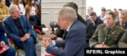 Maksimov at a career day at Novgorod State University in 2022 (left), at a meeting with representatives of the Russian Orthodox Church’s Tver Diocese in 2025 (center), and at a meeting of the city administration of Sergiyev Posad in 2004 (right).