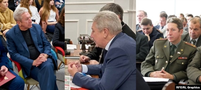 Nga e majta në të djathtë: Vladimir Maksimov në "ditët e karrierës" në Universitetin Shtetëror të Novgorodit, në një takim me përfaqësues të Dioqezës Tver të Kishës Ortodokse Ruse dhe në një takim në administratën e Sergiev Posad në vitin 2004.